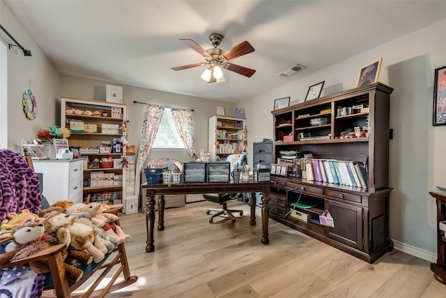 home office featuring ceiling fan and light wood-type flooring