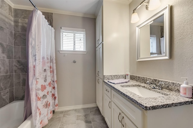 bathroom featuring ornamental molding, shower / bathtub combination with curtain, and vanity