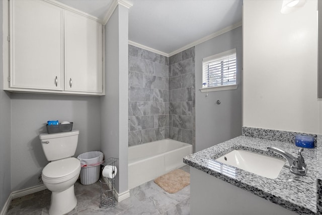 full bathroom with crown molding, vanity, toilet, and tiled shower / bath combo