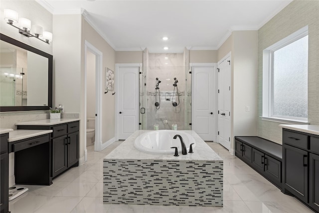 bathroom with toilet, a bath, a shower stall, and ornamental molding