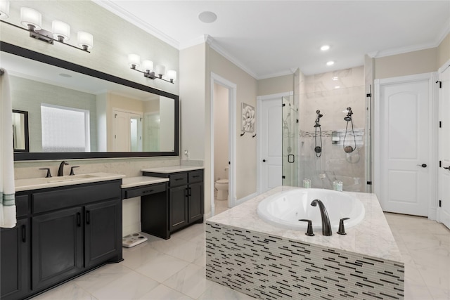 full bathroom with toilet, vanity, separate shower and tub, and ornamental molding