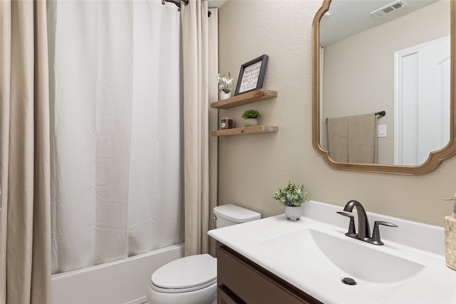 bathroom with toilet, shower / bath combo, visible vents, and vanity