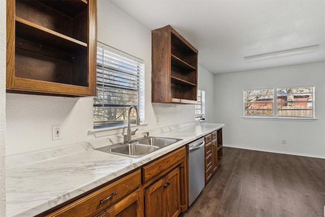 kitchen featuring dishwasher, dark hardwood / wood-style flooring, a healthy amount of sunlight, and sink