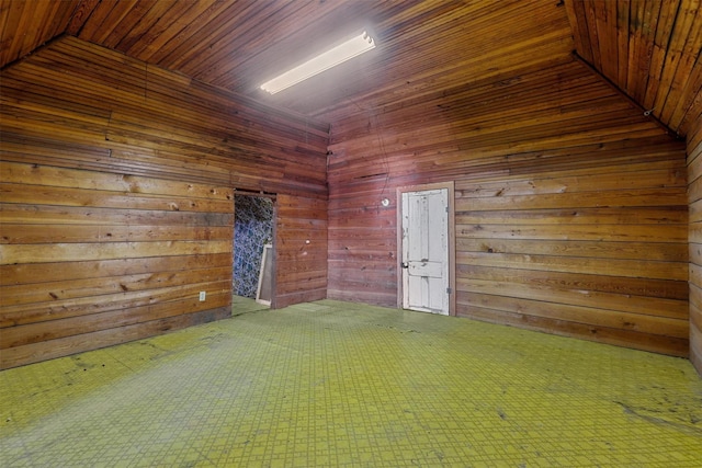 spare room with wood ceiling and wooden walls