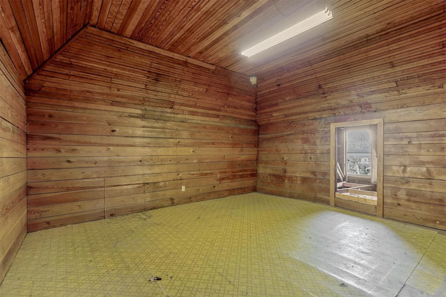 spare room with wood walls and wood ceiling