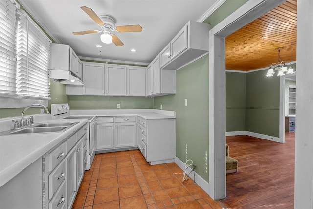 kitchen with electric range, sink, decorative light fixtures, white cabinets, and ceiling fan with notable chandelier