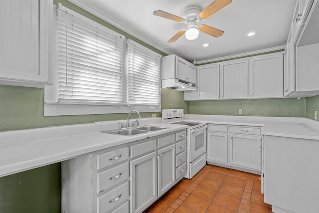 kitchen with ornamental molding, white range with electric stovetop, ceiling fan, sink, and white cabinets