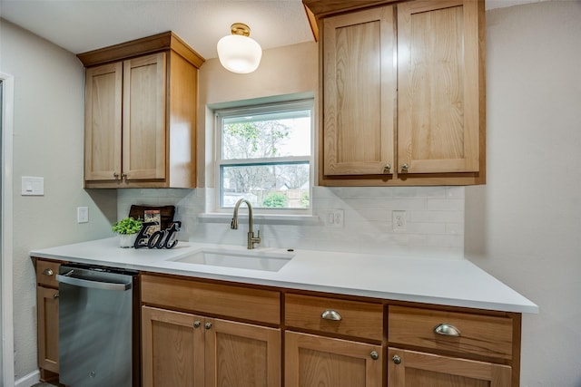 kitchen with decorative backsplash, sink, and stainless steel dishwasher