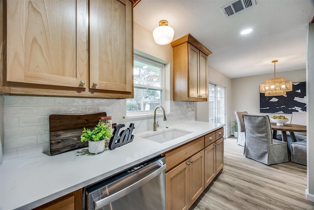 kitchen featuring tasteful backsplash, a wealth of natural light, sink, pendant lighting, and dishwasher