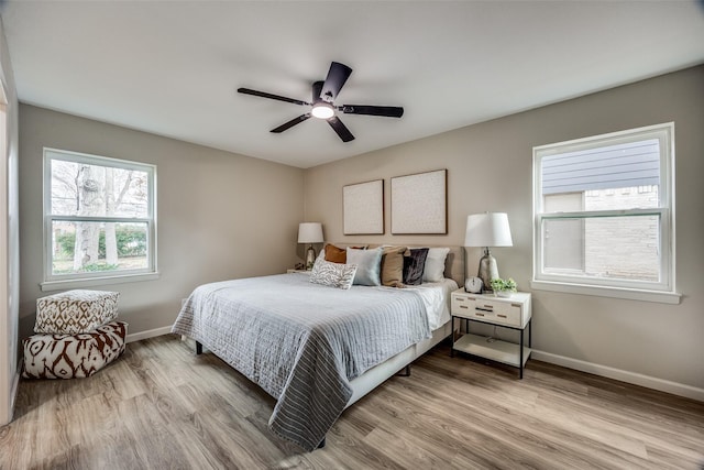 bedroom with ceiling fan and light wood-type flooring