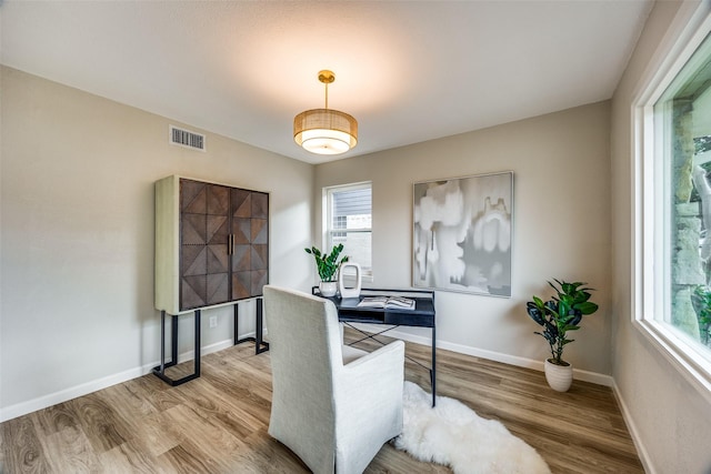 office with a healthy amount of sunlight and light hardwood / wood-style flooring