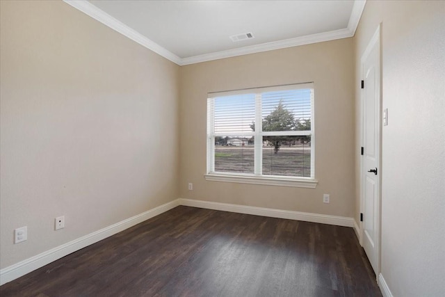 spare room featuring crown molding and dark wood-type flooring