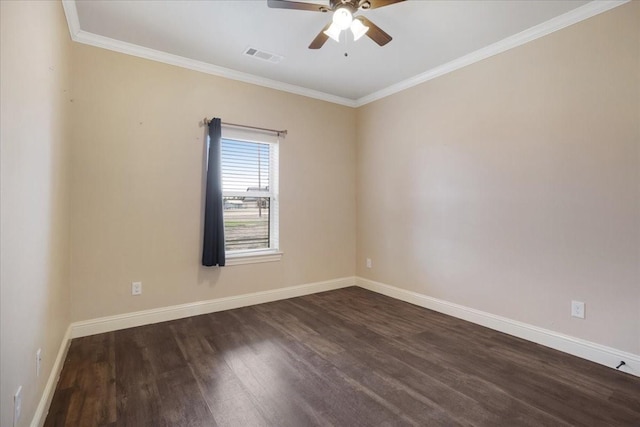 unfurnished room with ceiling fan, dark wood-type flooring, visible vents, baseboards, and ornamental molding