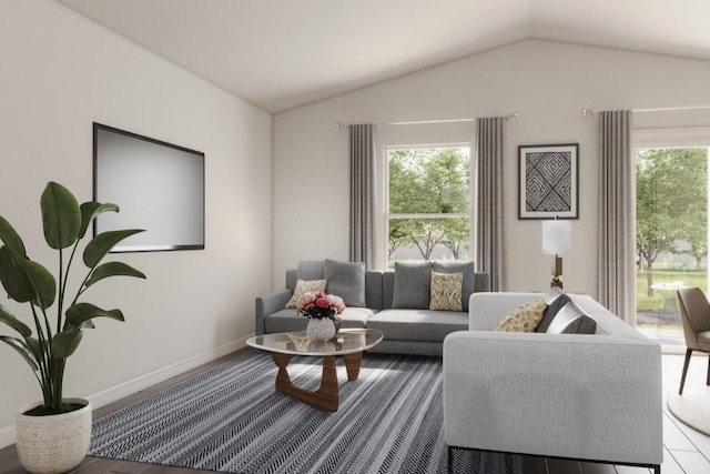 living room with hardwood / wood-style floors and vaulted ceiling