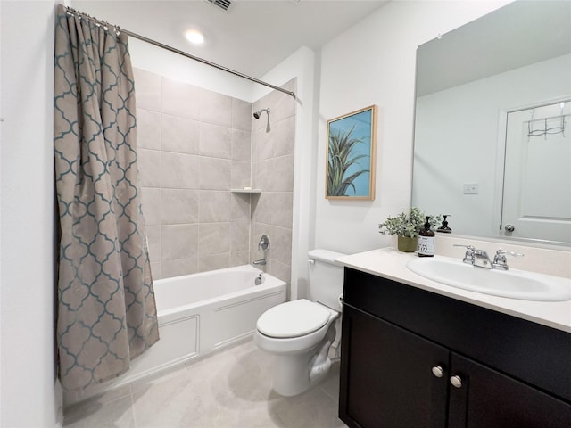 full bathroom with vanity, shower / bathtub combination with curtain, and toilet