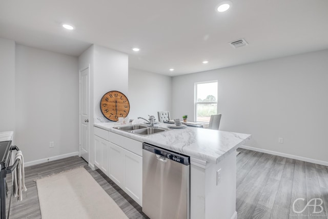 kitchen with sink, white cabinets, dishwasher, light hardwood / wood-style flooring, and electric range