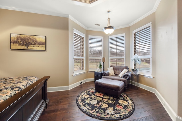 bedroom featuring dark hardwood / wood-style flooring and crown molding