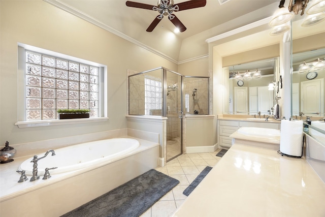 bathroom with ceiling fan, plus walk in shower, tile patterned floors, lofted ceiling, and vanity