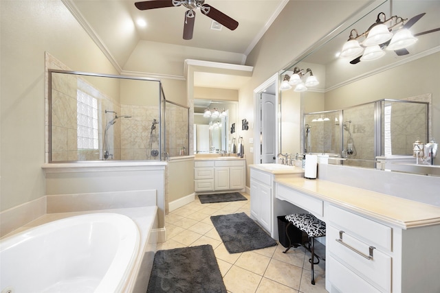 bathroom with vanity, lofted ceiling, tile patterned floors, ceiling fan, and separate shower and tub