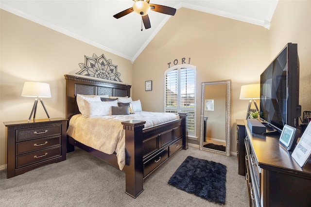 bedroom featuring ornamental molding, light colored carpet, ceiling fan, and lofted ceiling