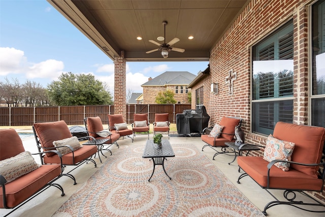 view of patio / terrace with outdoor lounge area, ceiling fan, and area for grilling