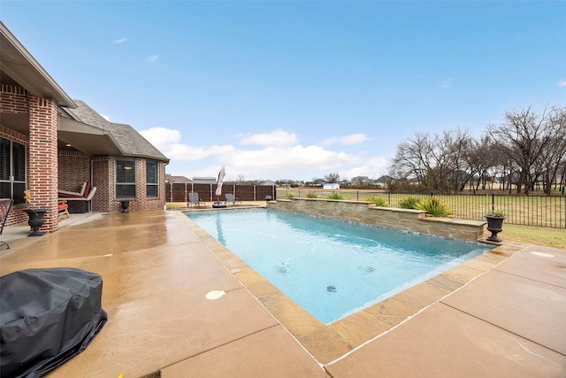 view of pool featuring grilling area and a patio