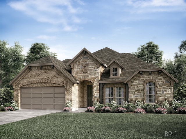 french country inspired facade featuring a front lawn and a garage