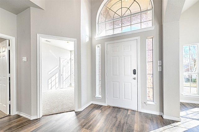 entrance foyer featuring a towering ceiling, dark hardwood / wood-style flooring, and a wealth of natural light