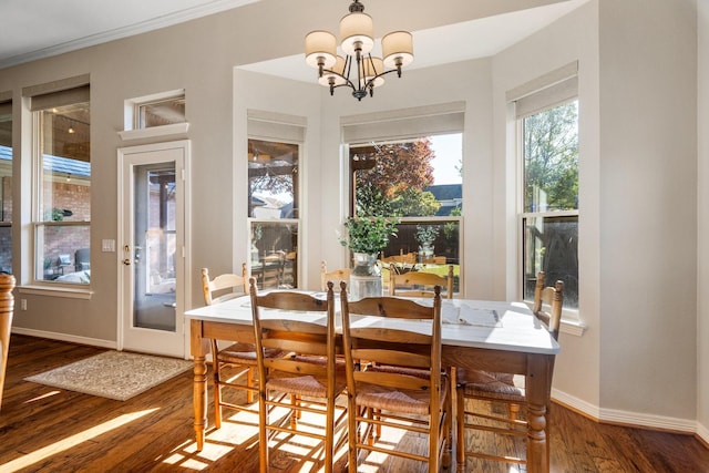 dining room featuring a notable chandelier, wood-type flooring, and ornamental molding