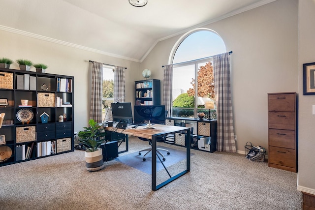 office area with carpet flooring, crown molding, and lofted ceiling