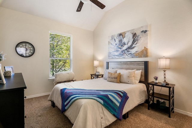 carpeted bedroom featuring vaulted ceiling and ceiling fan