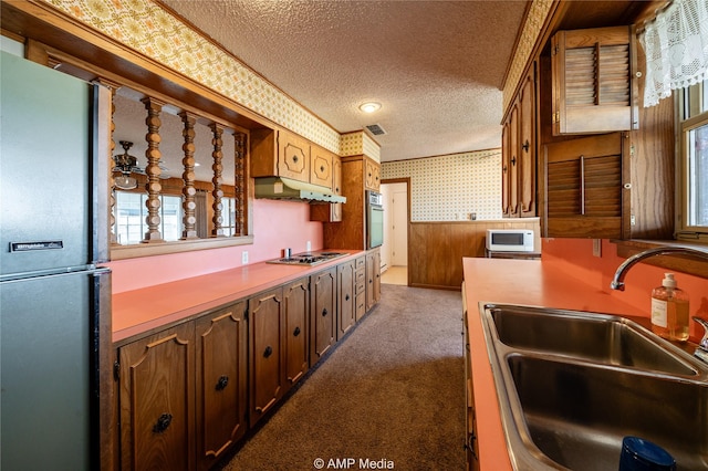 kitchen featuring stainless steel appliances, a sink, a textured ceiling, under cabinet range hood, and wallpapered walls