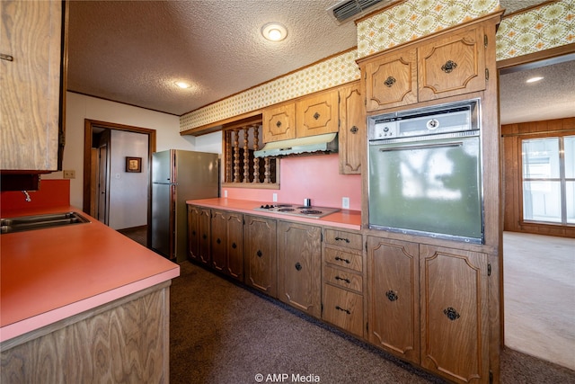 kitchen with freestanding refrigerator, oven, dark colored carpet, under cabinet range hood, and a sink