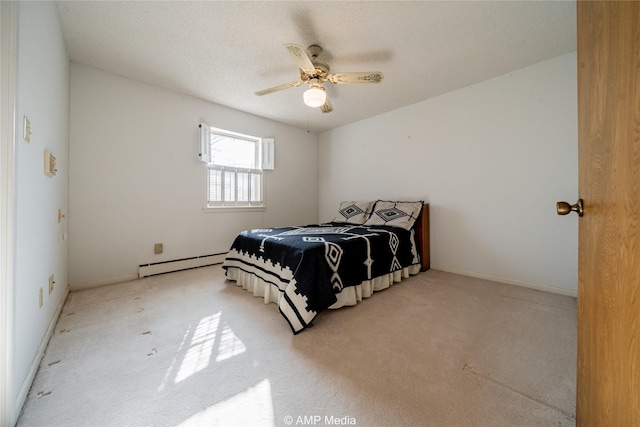 bedroom with a ceiling fan, a baseboard radiator, light carpet, and baseboards