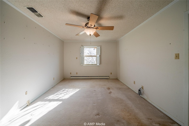 206 Spoon Dr, Stamford, TX 79553 - empty room featuring crown molding, light carpet, a textured ceiling, visible vents, and a baseboard heating unit
