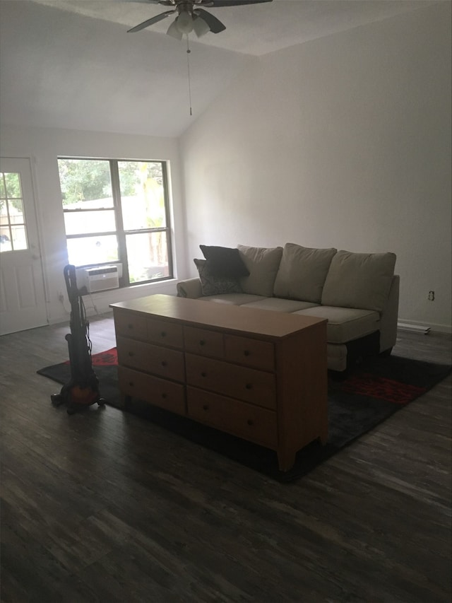 living area with dark wood-type flooring and lofted ceiling