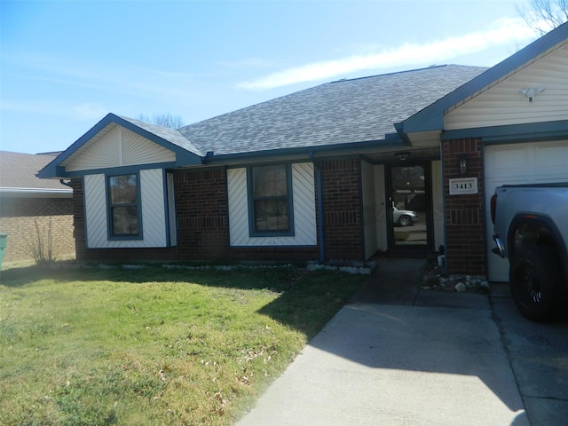 ranch-style home with a shingled roof, brick siding, an attached garage, and a front lawn