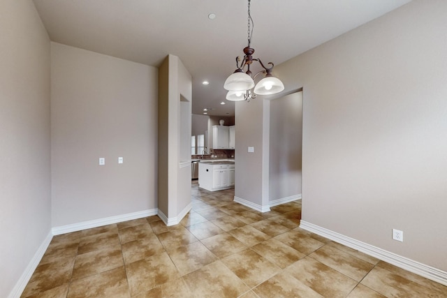 unfurnished dining area with a notable chandelier and light tile patterned floors