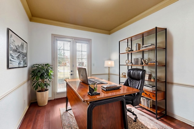 office with crown molding, dark wood-type flooring, and french doors