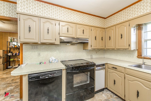 kitchen with sink, backsplash, ornamental molding, and black appliances