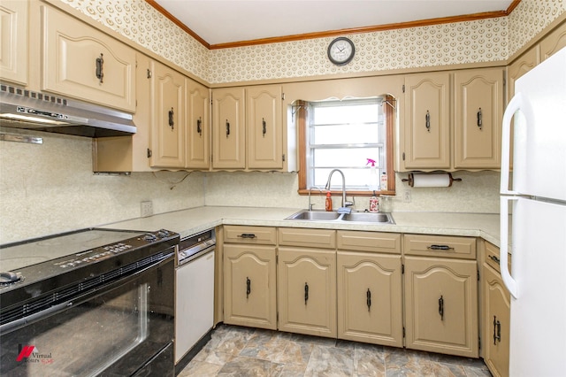 kitchen with ornamental molding, white fridge, sink, and black range with electric cooktop