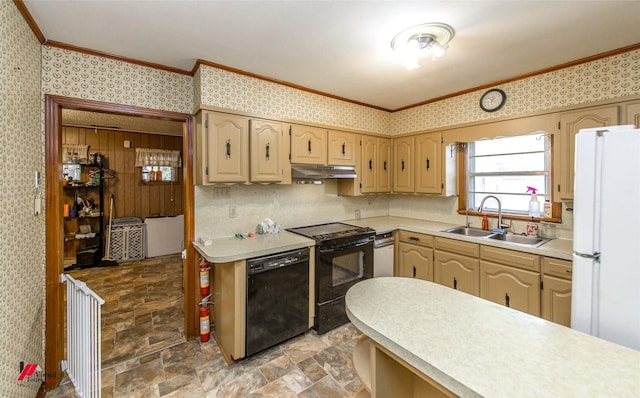 kitchen with ornamental molding, sink, and black appliances