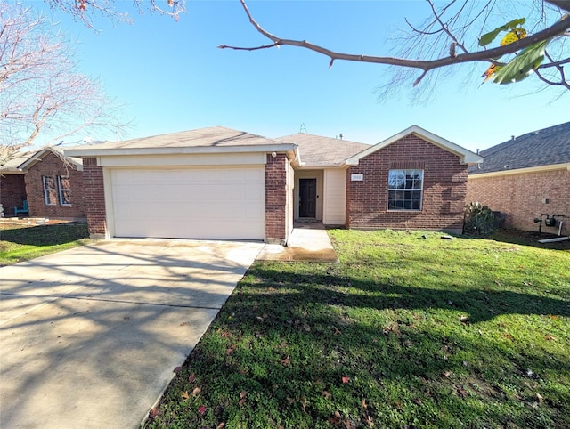 ranch-style house with a garage and a front yard