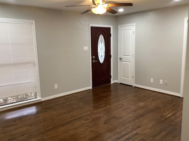 entrance foyer featuring ceiling fan and dark hardwood / wood-style floors