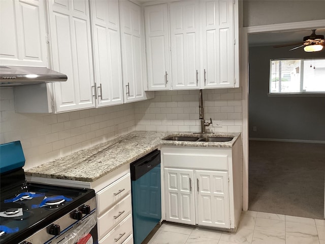 kitchen with sink, stainless steel gas range, black dishwasher, and white cabinetry