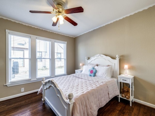 bedroom featuring dark wood-type flooring and ceiling fan