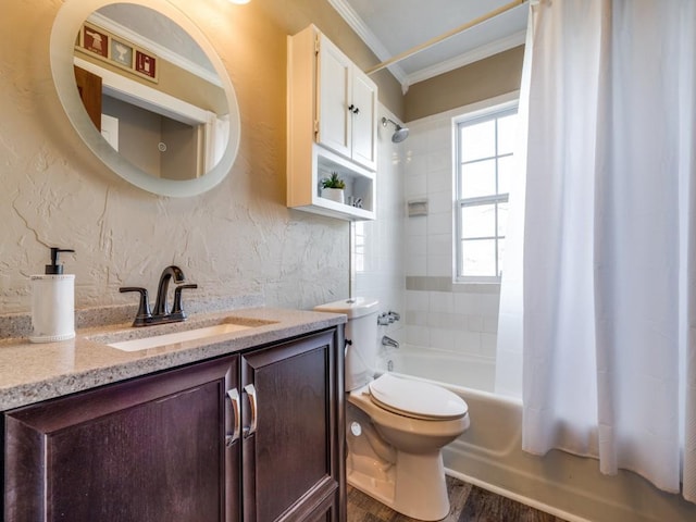 full bathroom featuring toilet, crown molding, wood-type flooring, vanity, and shower / bathtub combination with curtain