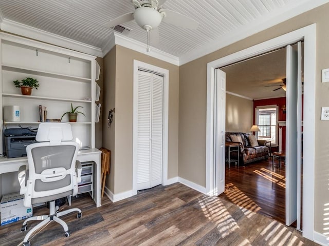 office with ornamental molding, dark hardwood / wood-style flooring, and ceiling fan