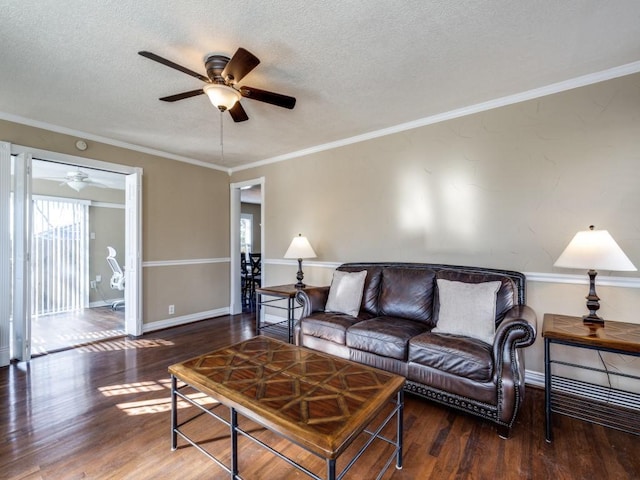 living room with crown molding, dark hardwood / wood-style floors, and a textured ceiling