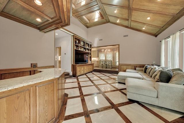 bar with coffered ceiling, wooden ceiling, beamed ceiling, a towering ceiling, and light stone countertops